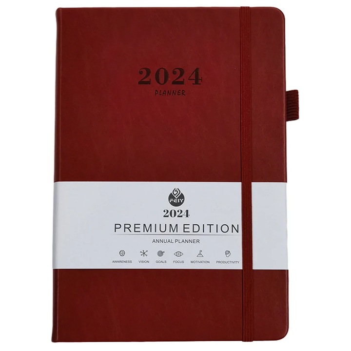 Agenda 2024 YANYXR, saptamanala si lunara, coperta PU, elastic si suport pentru pix, rosu, 14.4 x 21.4 cm