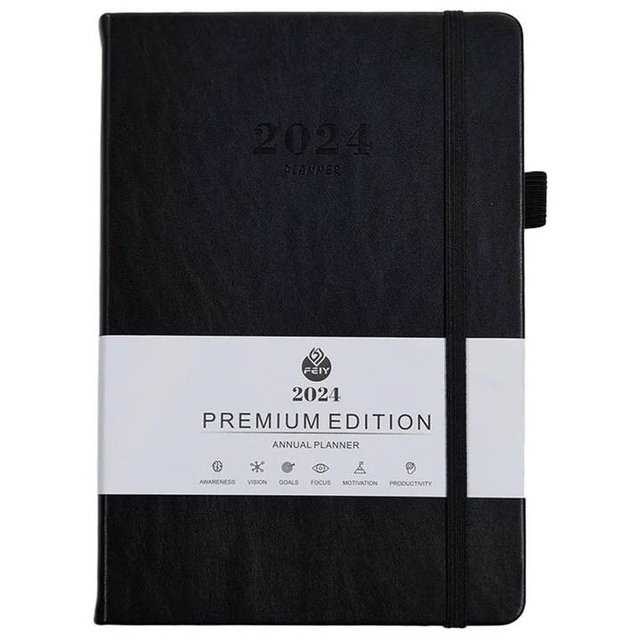 Planner 2024 YANYXR Premium Edition, agenda saptamanala si lunara cu coperta PU, elastic si suport pix, negru, 14.4 x 21.4 cm