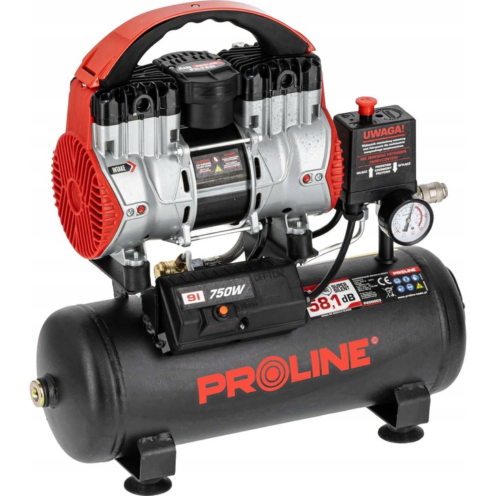 Compresor fara ulei Proline P200003, 9L, 167l/min, 750W, orizontal, alb