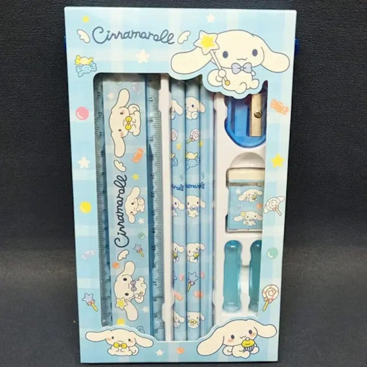 Комплект ученически пособия Sanrio Cinnamoroll, 7 части: линийка, 2 молива HB, гума, острилка, 2 накрайника за молив, син