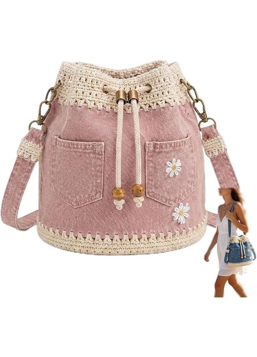 Vintage rózsaszín horgolt női táska 2027 Denim, 30x25x15cm