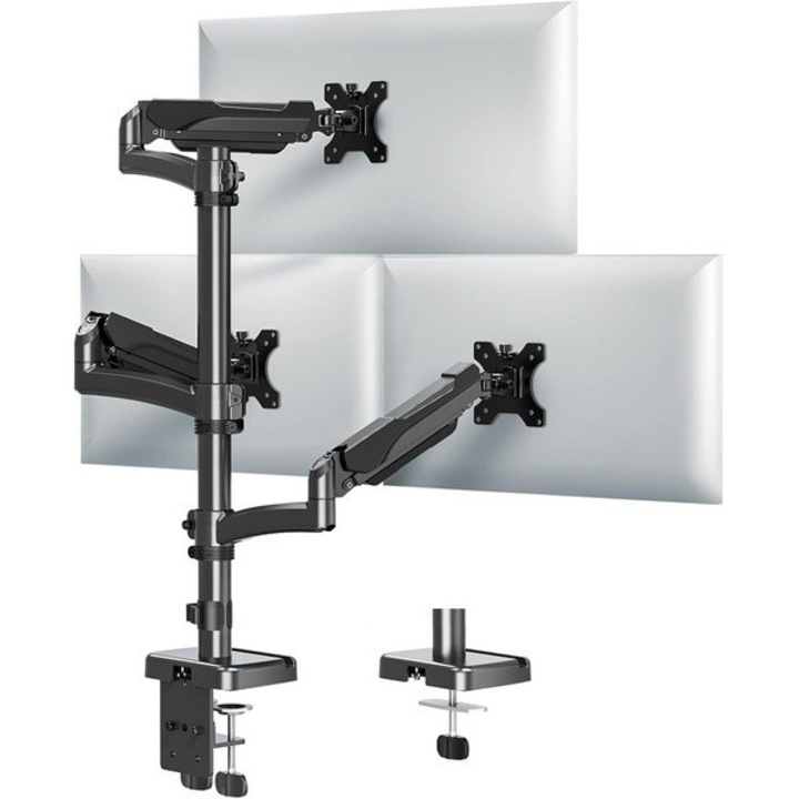 Triadyn Стойка за бюро за три монитора TriHighFlexMount TRD-BLK – Hi3AL ергономична регулируема 13–32 инча VESA 75x75/100x100 завъртане накланяне регулиране на височината разтегателно рамо 60–520 мм система за управление на кабели 2–9 кг на монитор черна