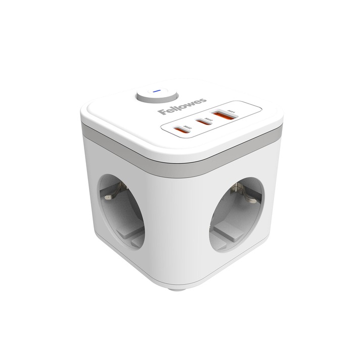 Разклонител Fellowes Ampra Power Cube, шуко, 3 гнезда, 1 USB Type-A, 2 USB Type-C, бял