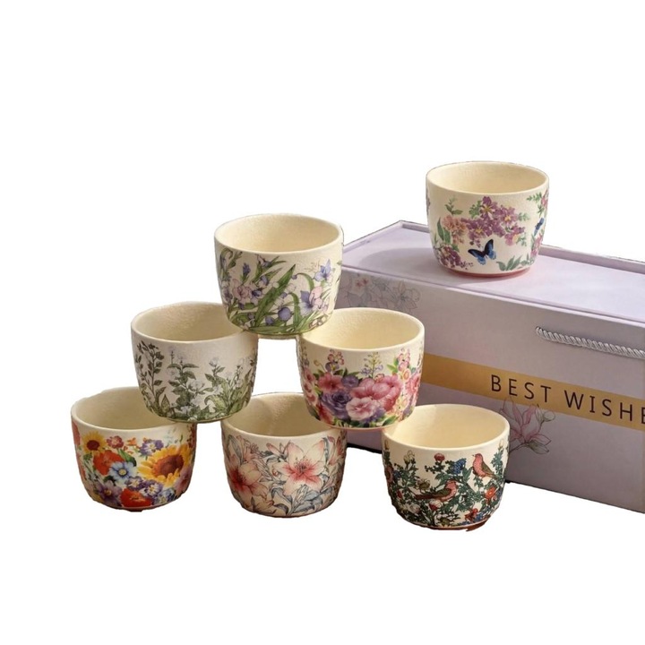 Set 5 Cani Ceramice Stil Japonez Omelivon®, 50 ml, Model Flori, Multicolor, Cutie Cadou, Pentru Ceai si Cafea