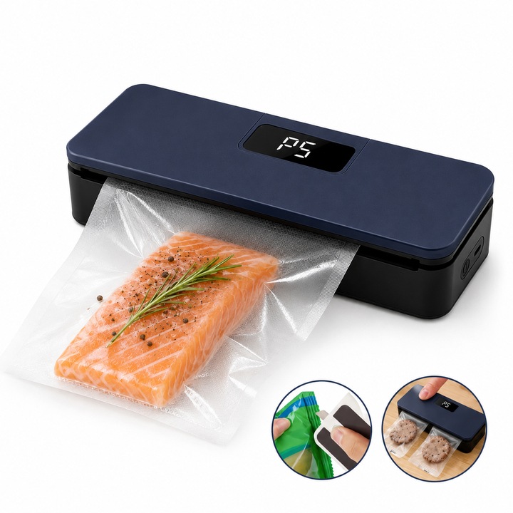 Aparat de Sigilat Pungi Reincarcabil USB-C, Sigilator Pungi Alimentare, 6 Trepte Temperatura, Display LCD, Baza Magnetica, Pentru Pungi Plastic, Chipsuri, Cafea, Alimente, Albastru, FAMIFY