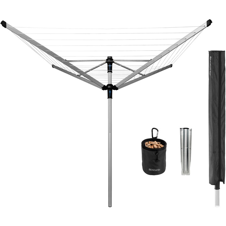 Brabantia Rotary Dryer Lift-O-Matic Advance kerti ruhaszárító 60m, UV-álló, forgatható, D=50mm, ultra könnyen állítható magasság, földbe szúrható, védőzsák, csipesztartó, metál szürke