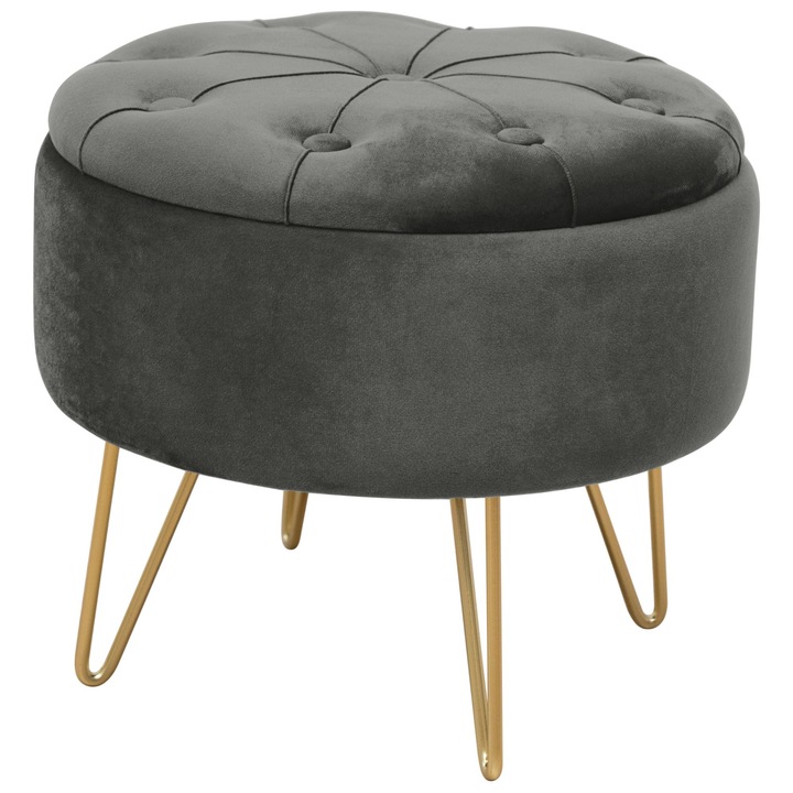 Taburet cu Spatiu de Depozitare din Catifea Matlasata AKORD CARO Gri cu Picioare Aurii, Material Catifea, Baza Otel, Greutate Maxima Suportata 80 kg, Culoare Corp Auriu, Pouf cu Spatiu de Depozitare, Design Modern, Functional si Estetic
