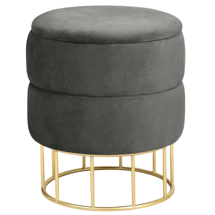 Taburet cu Depozitare AKORD ELZA din Catifea Gri cu Baza Aurie, Material Catifea, Baza Otel, Greutate Maxima Suportata 80 kg, Culoare Corp Auriu, Pouf cu Spatiu de Depozitare, Design Modern, Functional si Estetic, Utilizare Versatila