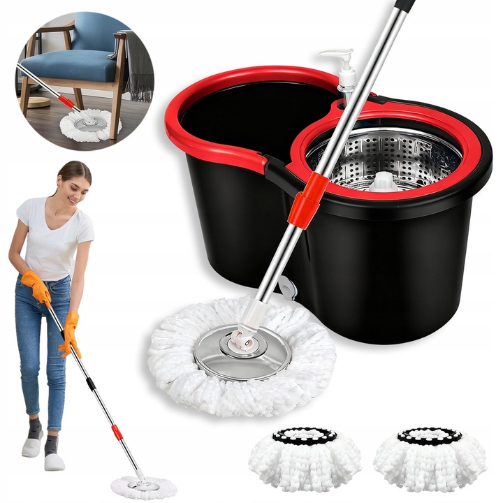 Set Mop Rotativ cu Galeata si 3 Capete Microfibra - Curatare Umeda/Uscata