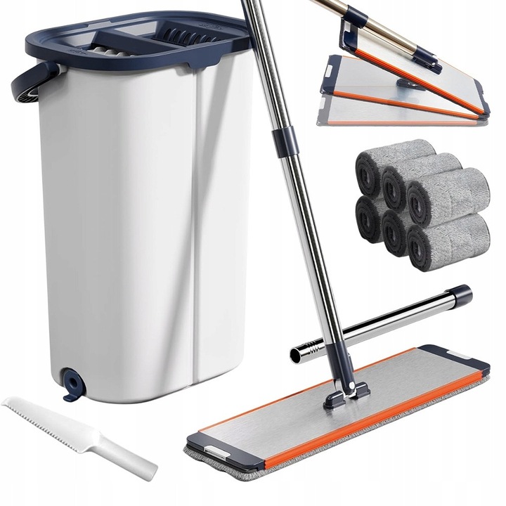 Set Mop Plat cu Galeata Dubla, Alb, pentru Toate Suprafetele