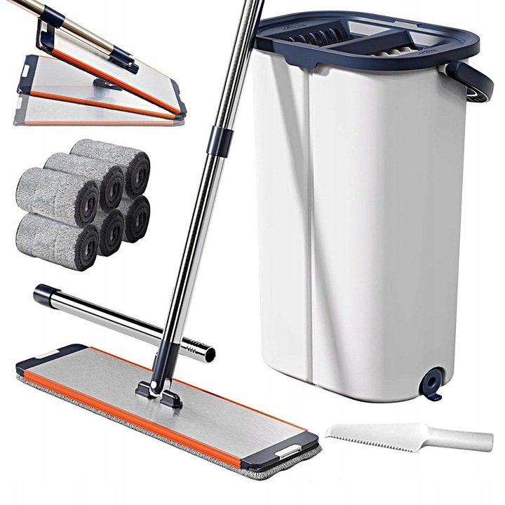 Set Mop Plat cu Galeata Autocuratare si 6 Rezerve Microfibra