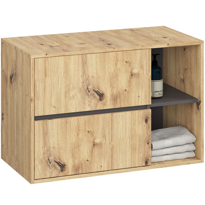 Dulap Baie Suspendat pentru Lavoar AKORD VAMI Stejar Artisan 2 Sertare Gri Grafit, 2 Rafturi 90x45,5x60 cm, Material PAL Laminat, Tip de Mobilier Suspendat, sub Lavoar / pentru Lavoar, Ideal pentru Baie, Design Modern, Solutie Practica pentru Casa