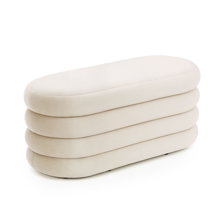 Bancheta cu Depozitare AKORD PUFFO din Catifea Crem 100 cm, Material Catifea, Baza MDF, Greutate Maxima Suportata 100 kg, cu Spatiu de Depozitare, Ideal pentru Sufragerie, Confortabil in Utilizarea Zilnica, Design Elegant, Stil Versatil