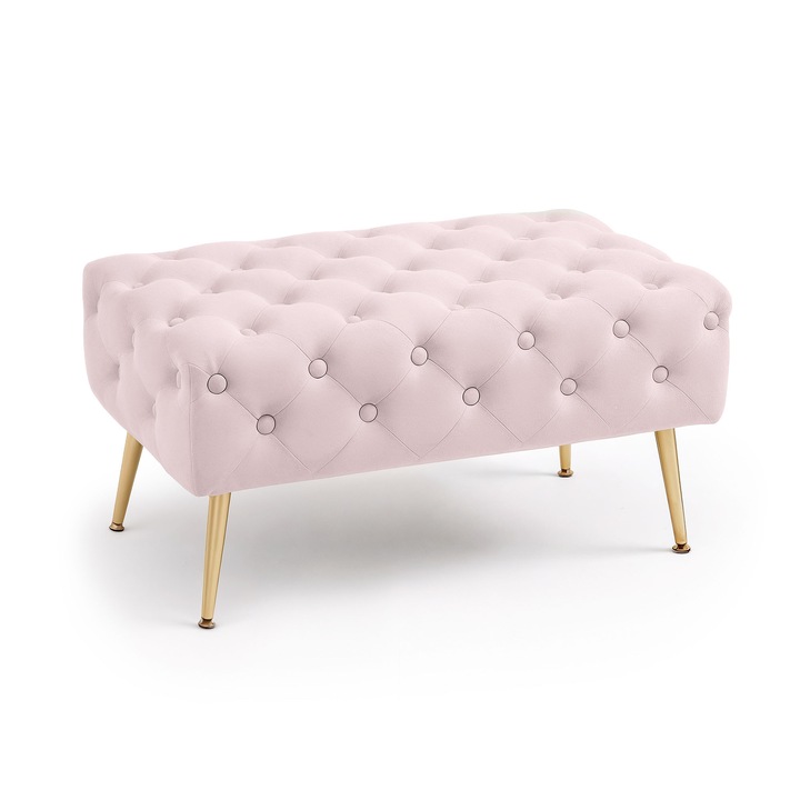 Bancheta Tapitata din Catifea Matlasata AKORD MADRID Roz Pudra 80 cm, Material Catifea, Baza Otel, Greutate Maxima Suportata 200 kg, Picioare din Metal, Ideal pentru Sufragerie, Confortabil in Utilizarea Zilnica, Design Elegant, Stil Versatil