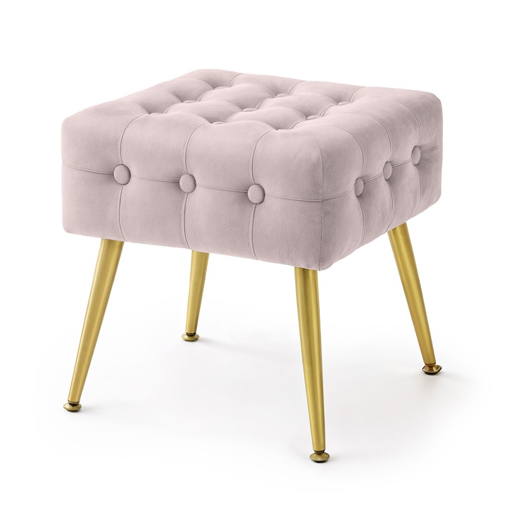 Taburet Chesterfield AKORD QUADRA din Catifea Roz Prafuit cu Picioare Aurii 40 cm, Material Catifea, Baza Otel, Greutate Maxima Suportata 200 kg, Picioare din Metal, Design Modern, Functional si Estetic, Utilizare Versatila, Solutie Practica pentru Casa