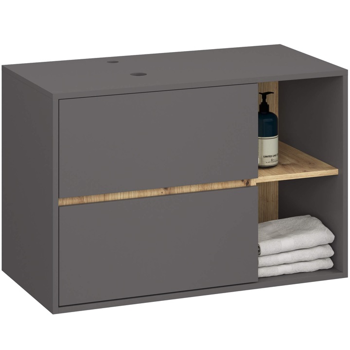 Dulap Suspendat sub Lavoar AKORD VAMI Gri Grafit, 2 Sertare Interior Stejar Artisan 2 Rafturi 90x45,5x60 cm, Material PAL Laminat, Tip de Mobilier Suspendat, sub Lavoar / pentru Lavoar, Ideal pentru Baie, Design Modern, Solutie Practica pentru Casa