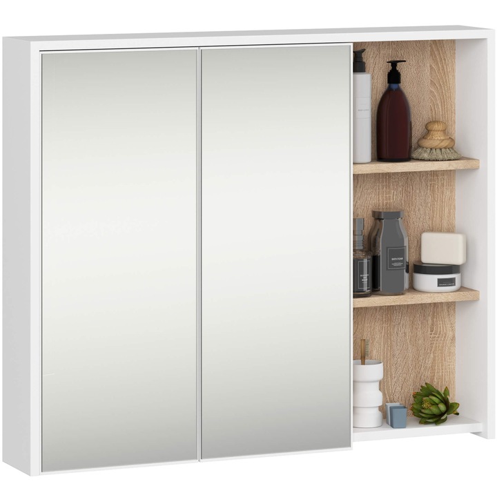Dulap Suspendat de Baie cu Oglinda AKORD VAMI Alb 90 cm, 2 Usi Interior Stejar Sonoma, 6 Rafturi 90x15x75 cm, Material PAL Laminat, Tip de Mobilier Suspendat, Tip de Usi Batante, Oglinda, Ideal pentru Baie, Design Modern, Solutie Practica pentru Casa