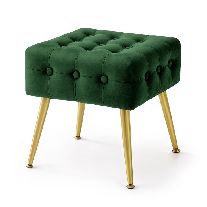 Taburet Chesterfield AKORD QUADRA din Catifea cu Picioare Aurii Verde Sticla 40 cm, Material Catifea, Baza Otel, Greutate Maxima Suportata 200 kg, Picioare din Metal, Design Modern, Functional si Estetic, Utilizare Versatila, Solutie Practica pentru Casa