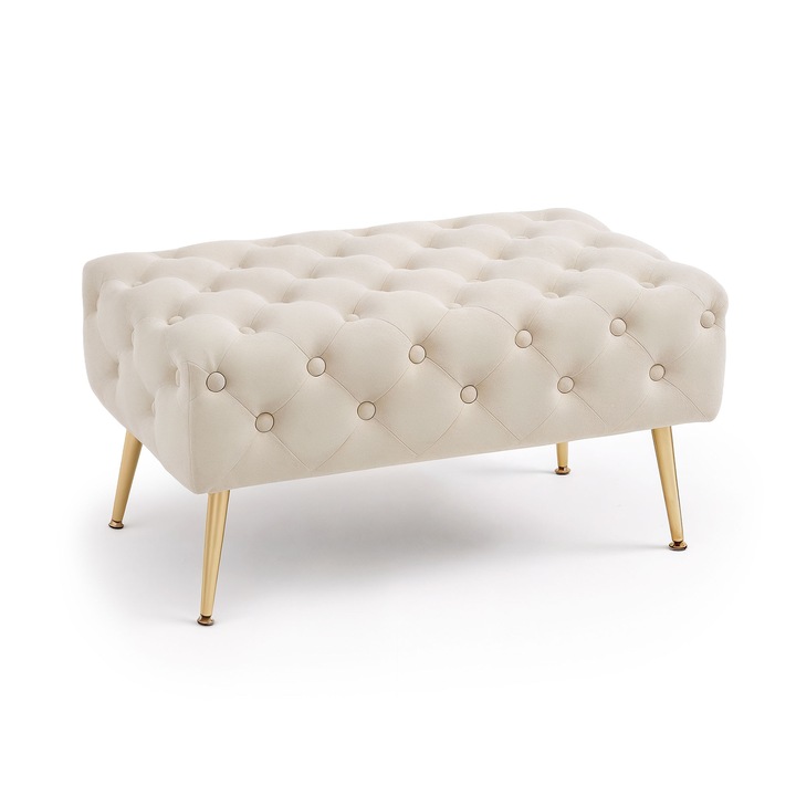 Bancheta Tapitata din Catifea Matlasata AKORD MADRID Bej cu Picioare Aurii 80 cm, Material Catifea, Baza Otel, Greutate Maxima Suportata 200 kg, Picioare din Metal, Ideal pentru Sufragerie, Confortabil in Utilizarea Zilnica, Design Elegant, Stil Versatil