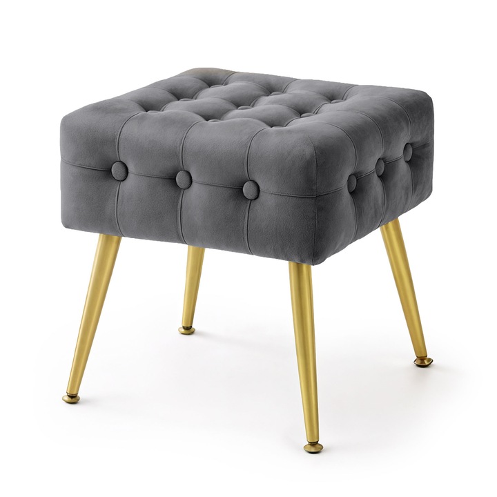 Taburet Chesterfield AKORD QUADRA din Catifea cu Picioare Aurii Gri Inchis 40 cm, Material Catifea, Baza Otel, Greutate Maxima Suportata 200 kg, Picioare din Metal, Design Modern, Functional si Estetic, Utilizare Versatila, Solutie Practica pentru Casa