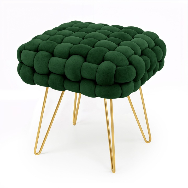 Taburet din Catifea Impletita AKORD DOTTY Verde Sticla cu Picioare Aurii 38 cm, Material Catifea, Baza Otel, Greutate Maxima Suportata 100 kg, Pouf din Catifea Impletita, Design Modern, Functional si Estetic, Utilizare Versatila