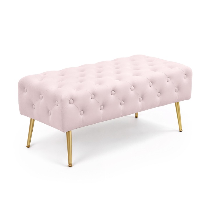 Bancheta Chesterfield AKORD MONACO din Catifea Roz Prafuit cu Picioare Aurii 100 cm, Material Catifea, Baza Otel, Greutate Maxima Suportata 200 kg, Picioare din Metal, Ideal pentru Sufragerie, Confortabil in Utilizarea Zilnica, Design Elegant