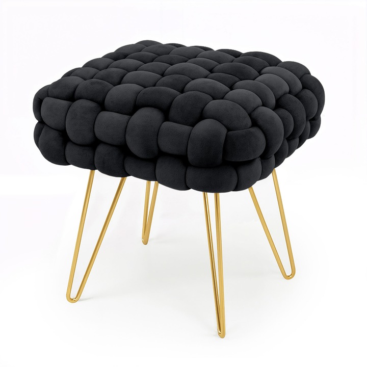 Taburet AKORD DOTTY din Catifea Impletita Negru cu Picioare Aurii 38 cm, Material Catifea, Baza Otel, Greutate Maxima Suportata 100 kg, Pouf din Catifea Impletita, Design Modern, Functional si Estetic, Utilizare Versatila, Solutie Practica pentru Casa