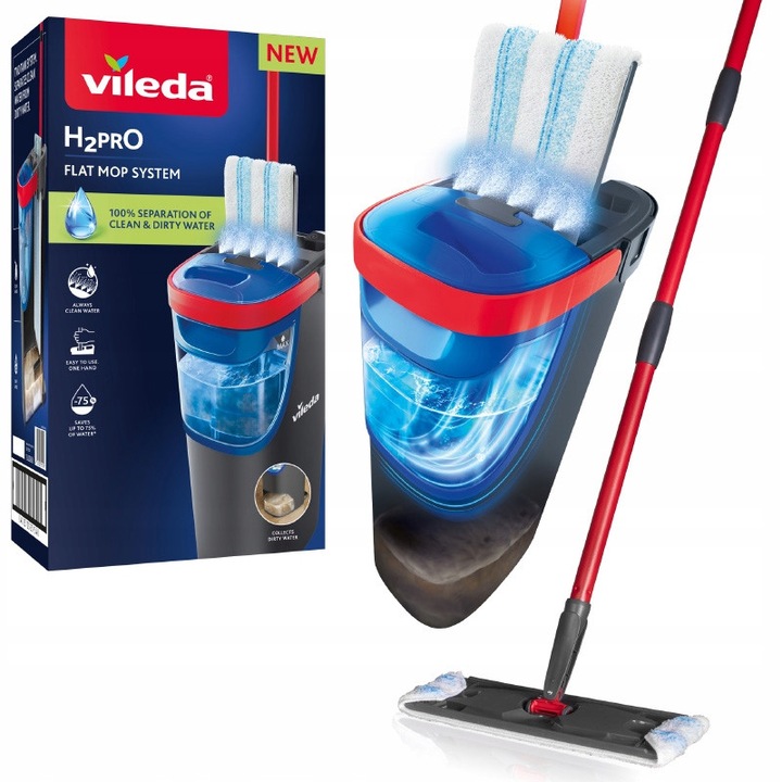 Mop plat Vileda H2prO cu galeata, 2 rezervoare, separare apa curata/murdara