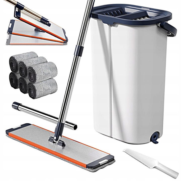 Set Mop Plat 360° cu Galeata Autocuratare si 6 Rezerve Microfibra