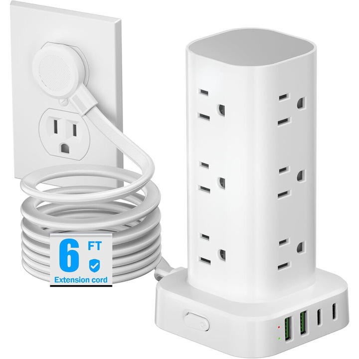 Разклонител тип кула с 12 контакта и 4 USB порта, 1,8м, бял