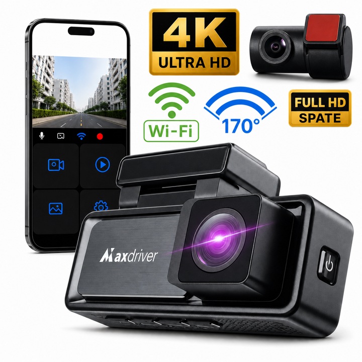 Camera Auto DVR 4K MaxDriver Vision — Camera de Bord Fata-Spate, 2160P, Senzor G, Aplicatie Dedicata, Unghi 170 Grade, Night Vision, Camera Spate Inclusa