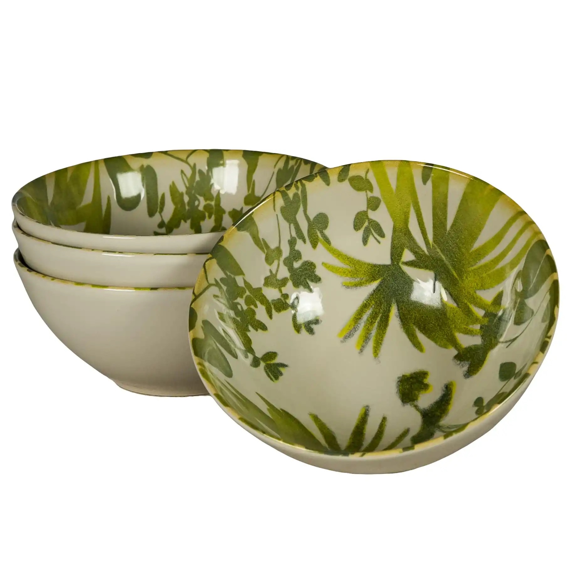 Cesiro Set de 4 boluri de ceramică frunze Crem deschis verzi, 600 ml