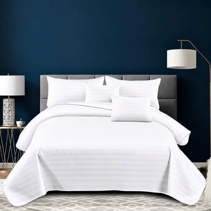 Lenjerie de Pat Eleganta din Bumbac – Set 6 Piese cu Cearceaf Elastic 180x200 cm, fete de perna 2 dimensiuni, Alba