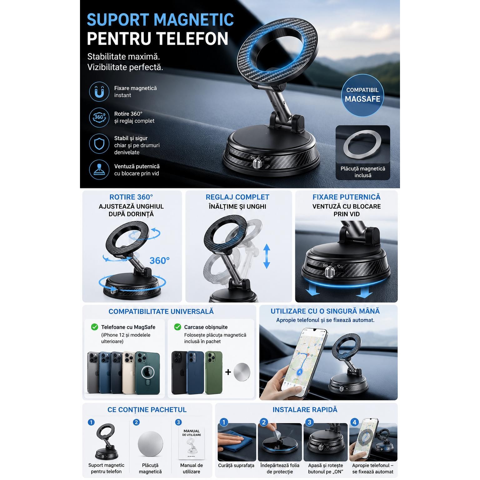 Usb Repari Suport magnetic auto telefon QUALITERA™ + oglinda selfie + suport fix ...