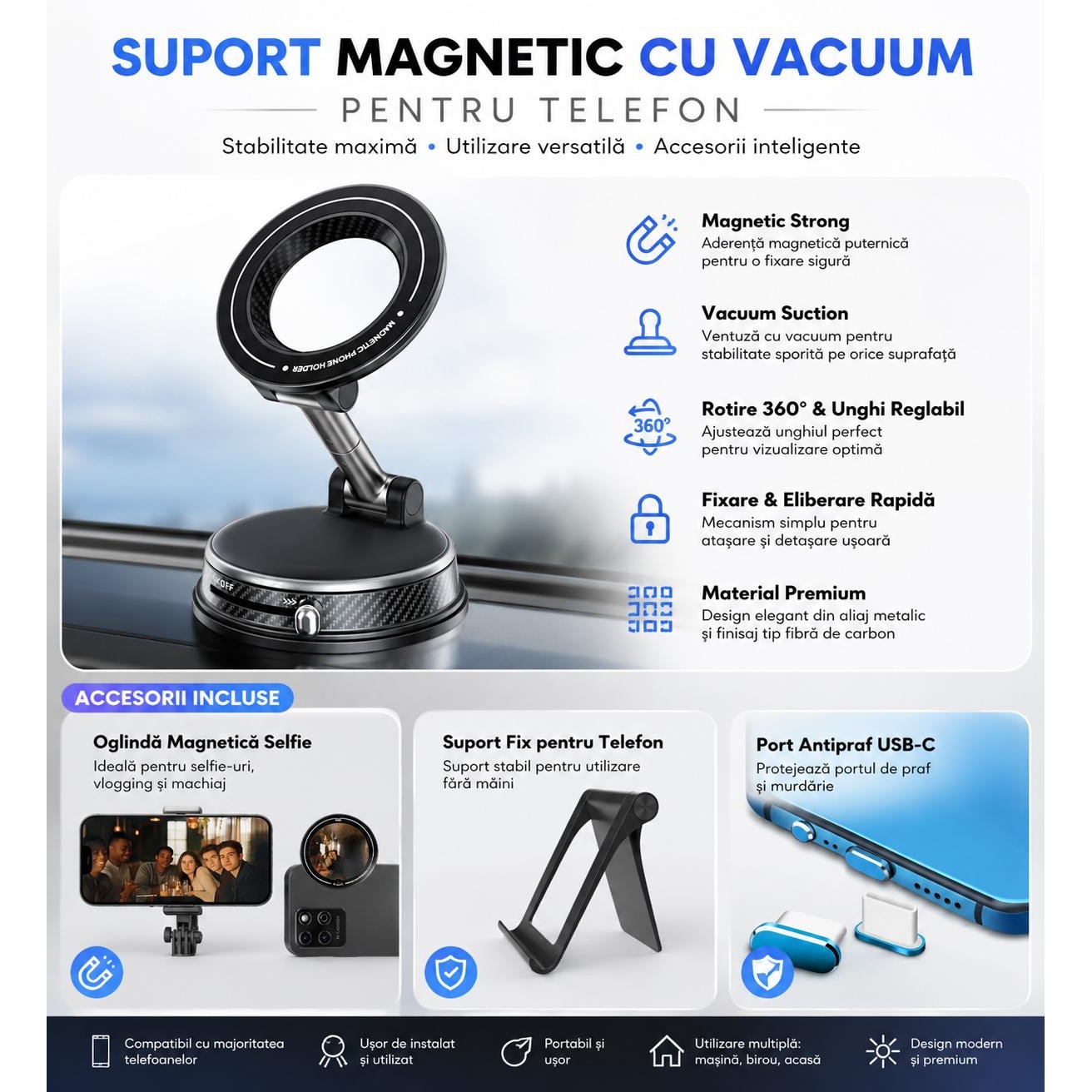 Usb Repari Suport magnetic auto telefon QUALITERA™ + oglinda selfie + suport fix ...