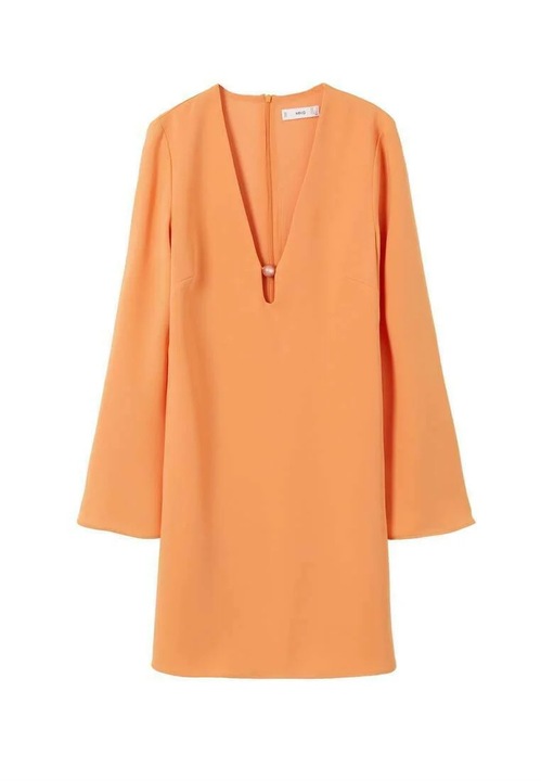 Rochie Scurta Mango ALMOND Portocaliu Pastel cu Decolteu in V si Detaliu Perla, Portocaliu, S