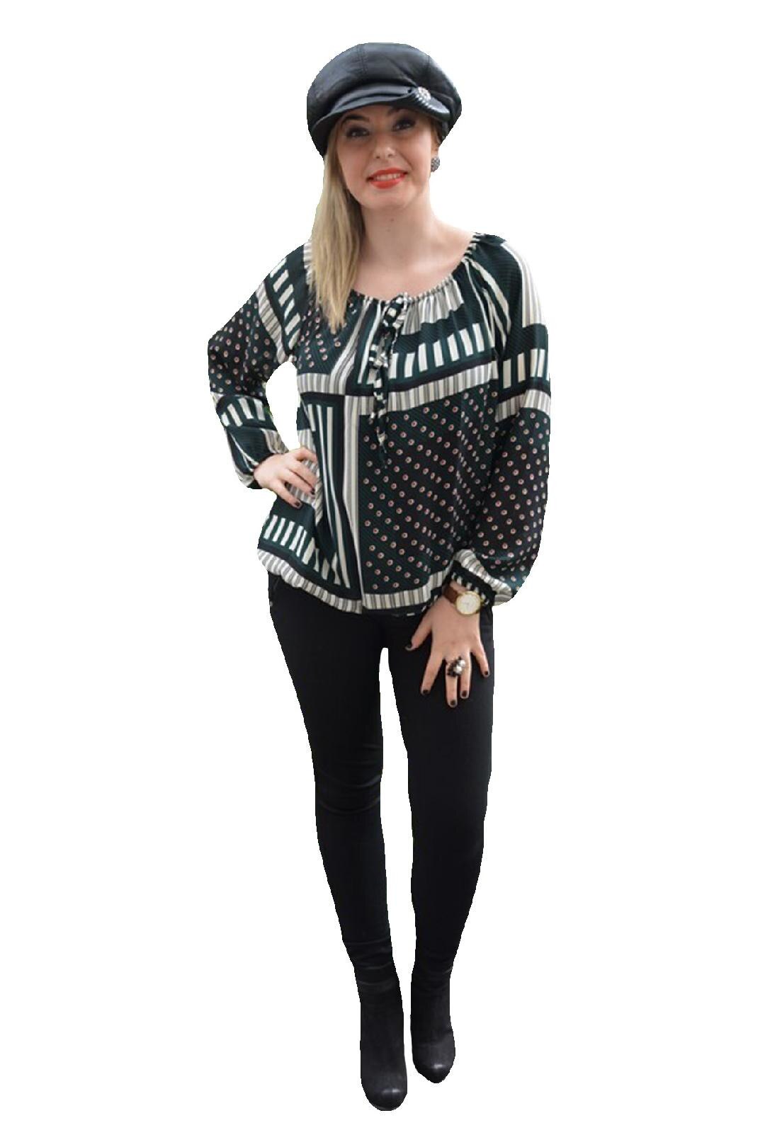 Bluza moderna cu imprimeu rafinat de dungi si buline,D&J Exclusive, Negru/Verde