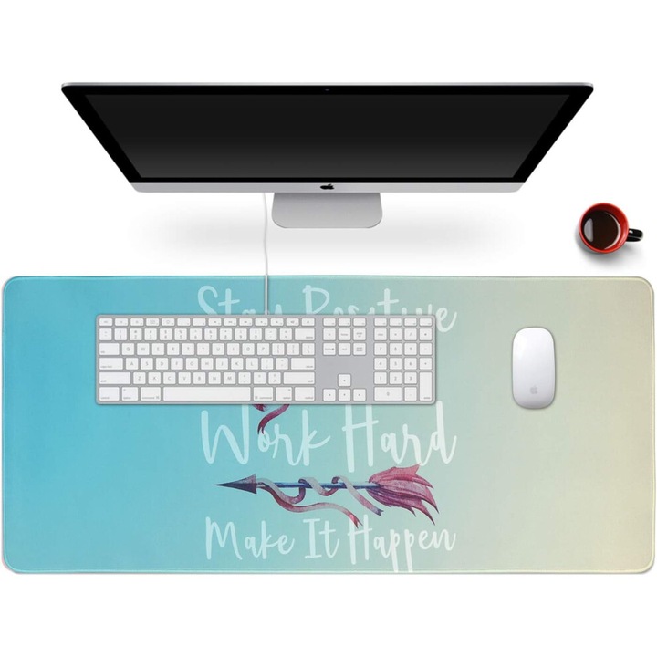 Mousepad birou XXL gaming, turcoaz degrade, 90x40x0.3cm, antiderapant, margini cusute