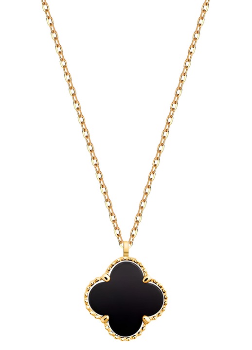 Colier argint 925 placat aur 24k, trifoi cu patru foi, onix negru sintetic, 45x5 cm