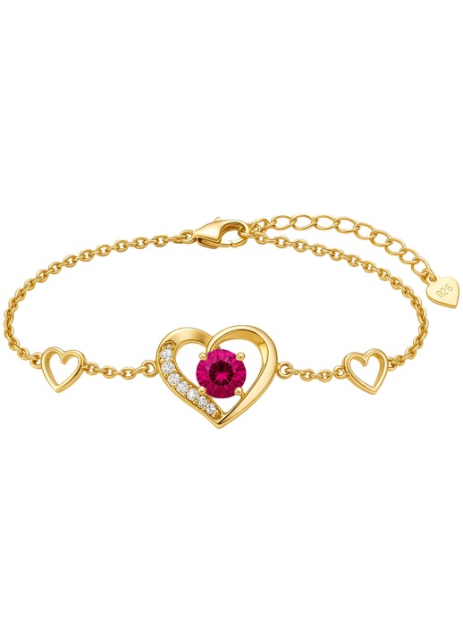 Bratara argint 925 placata cu aur 24K, cristal fuchsia, inimioare, reglabila 16.5x3cm
