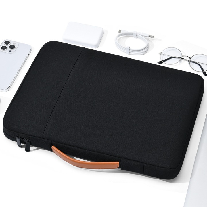 Geanta laptop 15.6 inch rezistenta, Bytelike, la socuri antifurt, husa protectie cu maner, interior capitonat, Negru