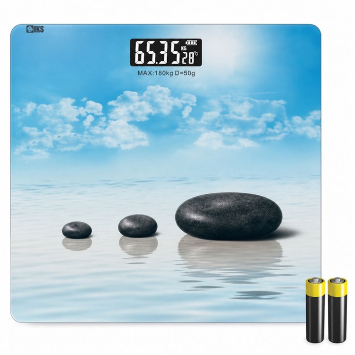 Cantar Corporal Electronic De Baie Pentru Persoane SIKS, Suprafata Sticla, Capacitate 180 Kg, 4 Senzori, Afisaj Digital LCD, Pornire Automata La Pasire, Indicator Baterie, Design Unic, Pentru Monitorizare Greutate, Baterii, Model D2 Pietre, Multicolor