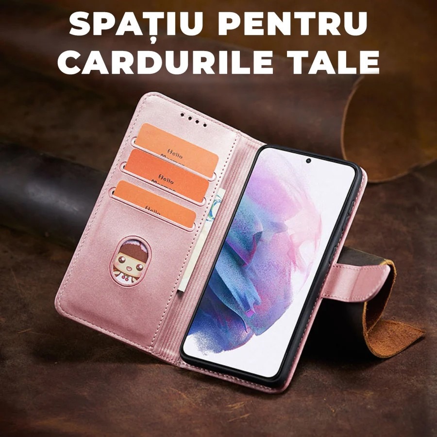 Husa pentru Samsung Galaxy S25 5G Daden® Wallet Flip Leather, Tip Carte, Antisoc, Inchidere magnetica, Buzunar card, Calitate Premium, Auriu rose