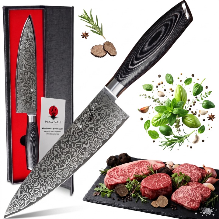 Cutit Damasc Profesional Decatails™ Lama 21 cm, Otel Damasc Premium Carbon 67 Straturi, 60±2 HRC, Lemn Japonez Pakka, Ascutire Manuala 15°