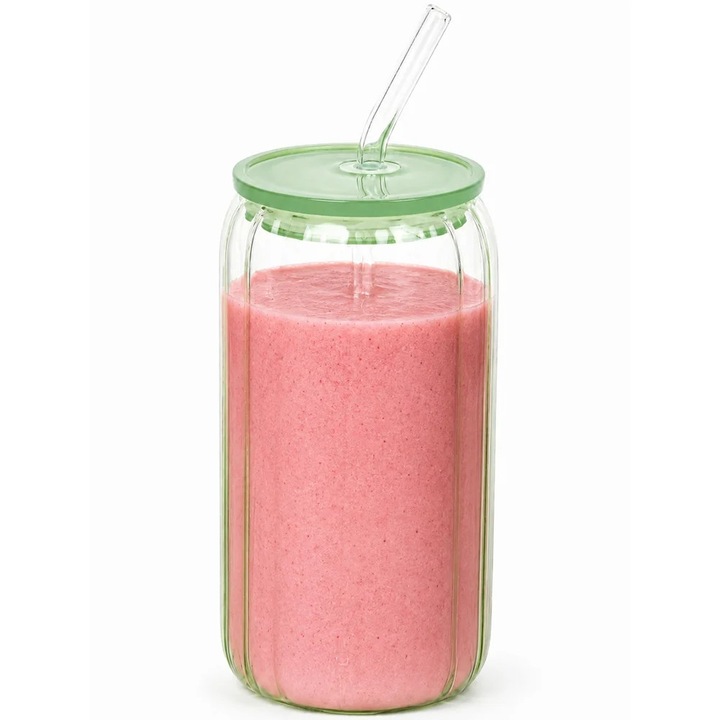 Pahar elegant Pufo din sticla striata cu capac si pai, ideal pentru smoothie, apa, limonada, cafea rece sau sucuri, 530 ml, verde