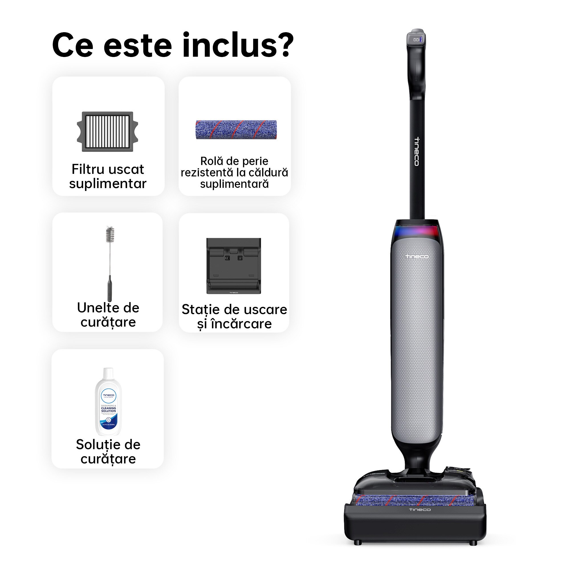 Aspirator Vertical Cu Spalare Tineco Floor One S7 Artist Premium, 220 W, Aspirare Uscat/Umed, Display Digital, Autocuratare FlashDry, Autonomie 50 Min, 21.6 V, WiFi, Gri/Negru