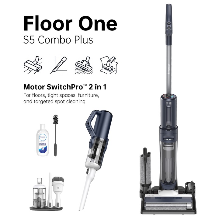 Aspirator Vertical Cu Spalare Tineco Floor One S5 Combo Plus, 190W Putere, 22kPa, iLoop Smart Sensor, Combo, Autonomie 35 Min, Albastru + Card Cadou Solutie de Curatare