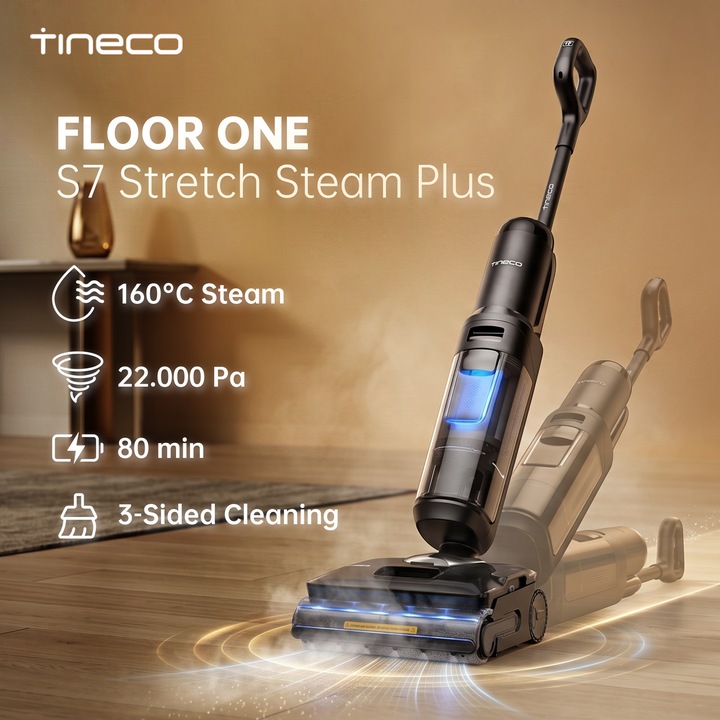 Aspirator Vertical Cu Spalare Tineco Floor One S7 Stretch Steam Plus, 220 W, Aspirare Uscat/Umed, Functie Abur, 180° Flexibil, Autocuratare FlashDry, Autonomie 50 Min, 21.6 V, WiFi, Alb/Negru