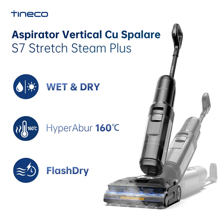 Aspirator Vertical Cu Spalare Tineco Floor One S7 Stretch Steam Plus, 220 W, Aspirare Uscat/Umed, Functie Abur, 180° Flexibil, Autocuratare FlashDry, Autonomie 50 Min, 21.6 V, WiFi, Alb/Negru