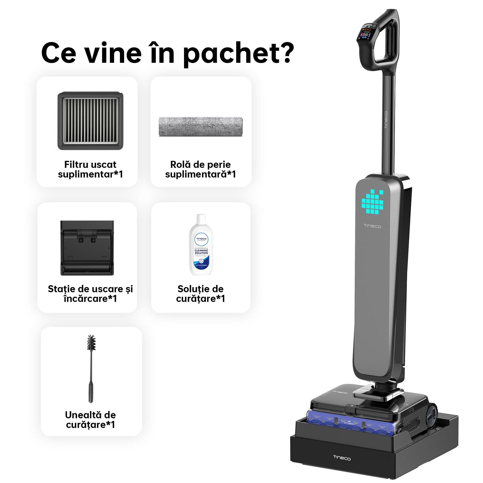 Aspirator Vertical Cu Spalare Tineco Floor One S9 Scientist Complete, 230 W, Aspirare Uscat/Umed, Tehnologie HyperSteam 160°C, Autocuratare FlashDry 85°C, Autonomie 80 Min, 30 V, WiFi, Control Vocal, Negru